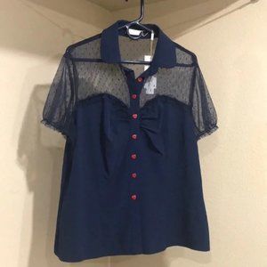 Belle Pogue Rockabilly Blouse Navy with Heart Buttons 2XL